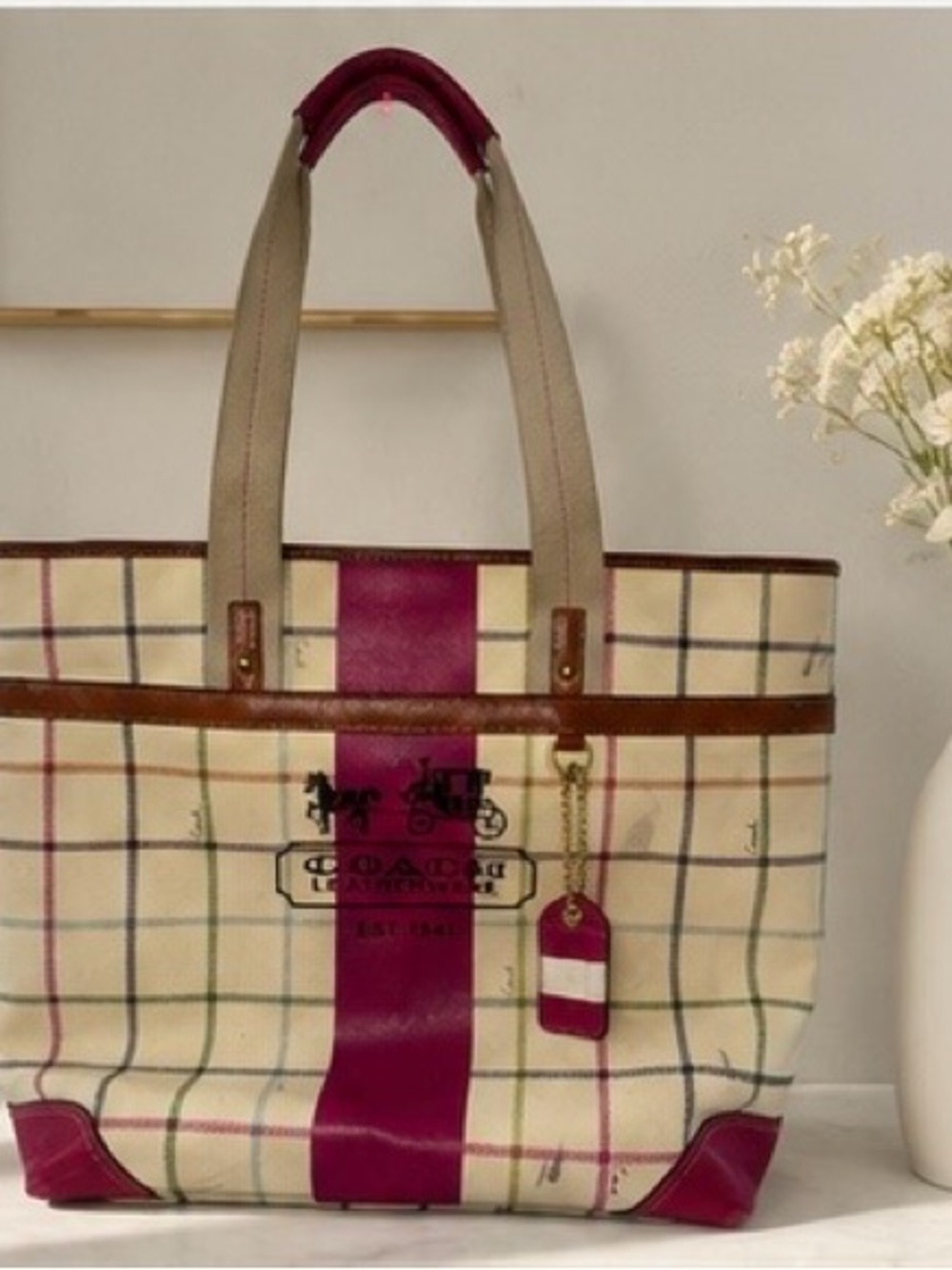 Coach Cream Plaid Tote with Pink Stripe and Trim